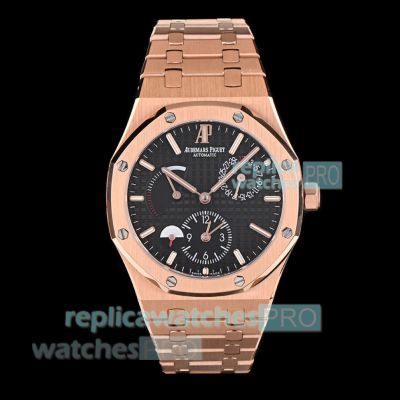 BLS Super Replica Audemars Piguet Royal Oak Rose Gold Black Dial Dual Time Watch 